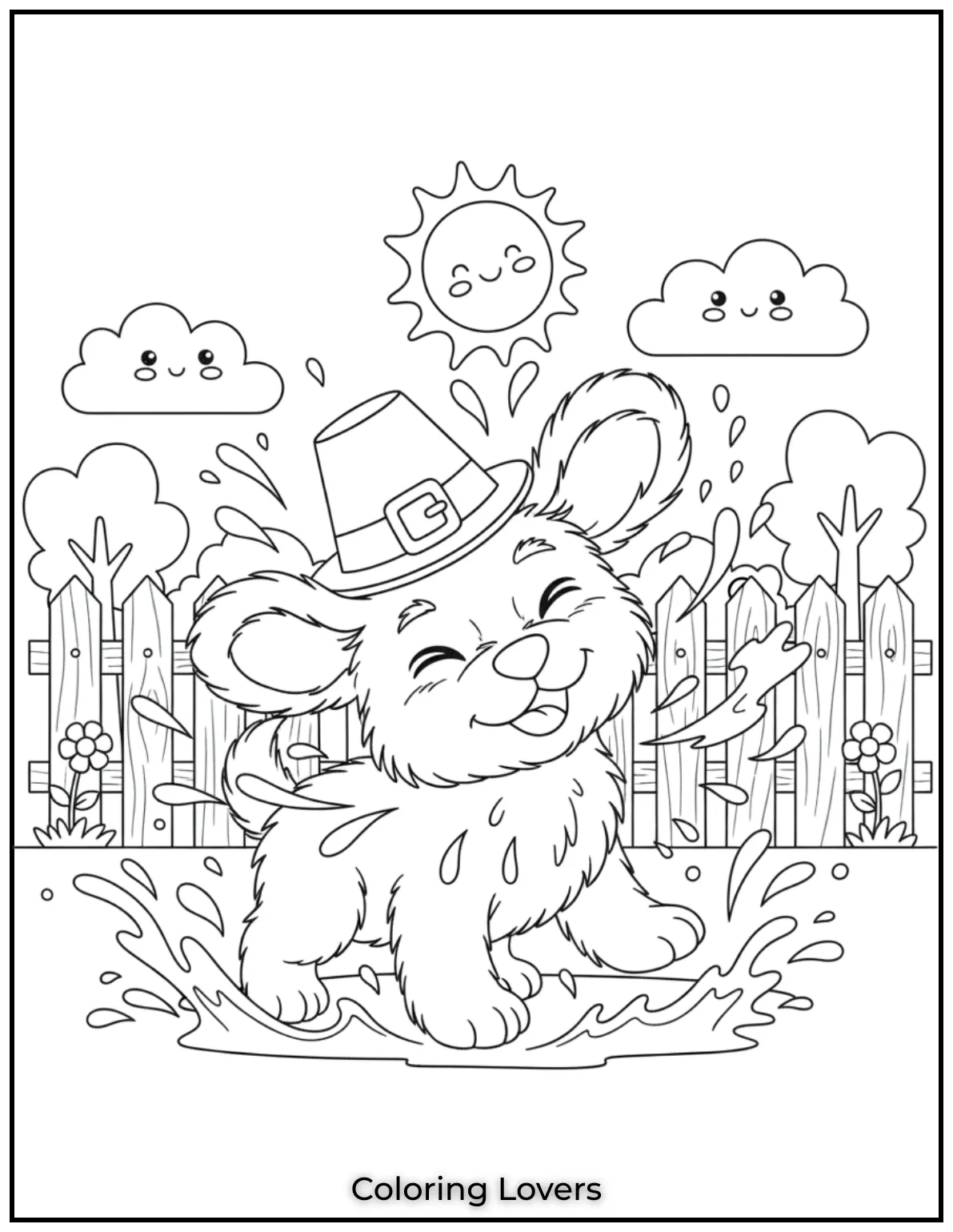Playful puppy shaking off water cute coloring sheet