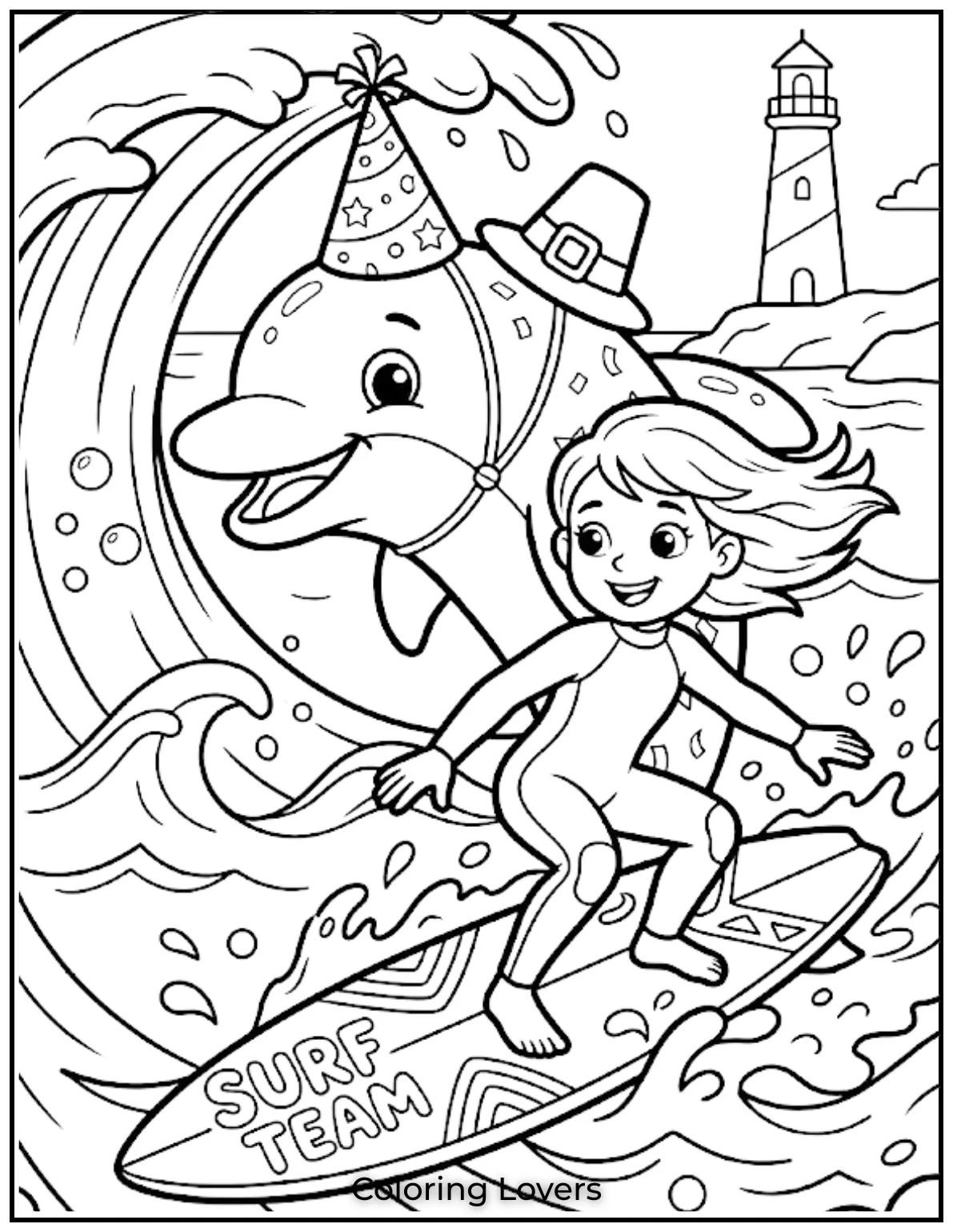 Cute and Easy Dolphin Coloring Pages 24 Riding the waves together, this girl and dolphin create the ultimate surf team coloring page.