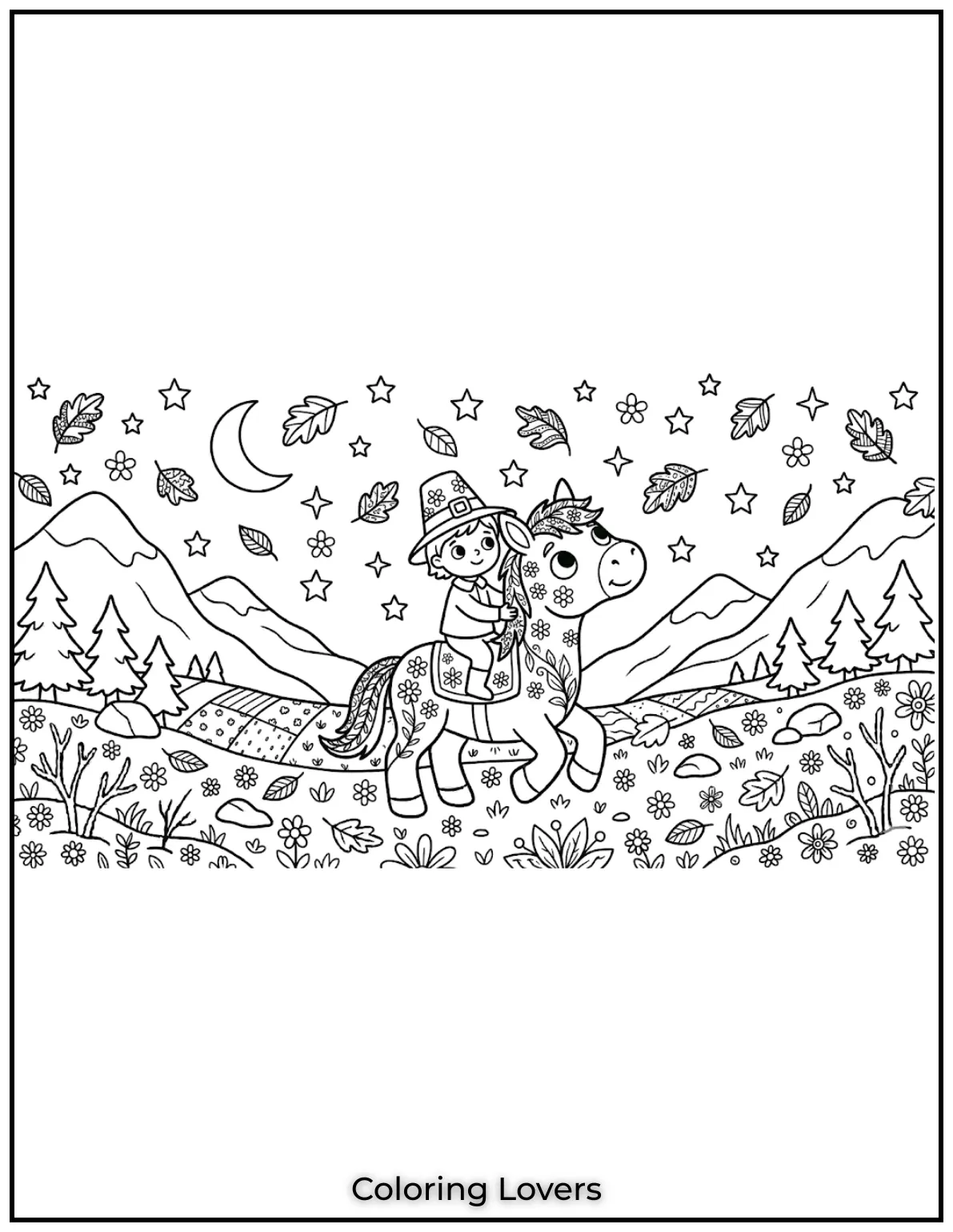 Beautiful Coloring Pages of Horses for Kids and Adults 19 Riding through a lovely countryside.The patterns make this coloring page extra special.