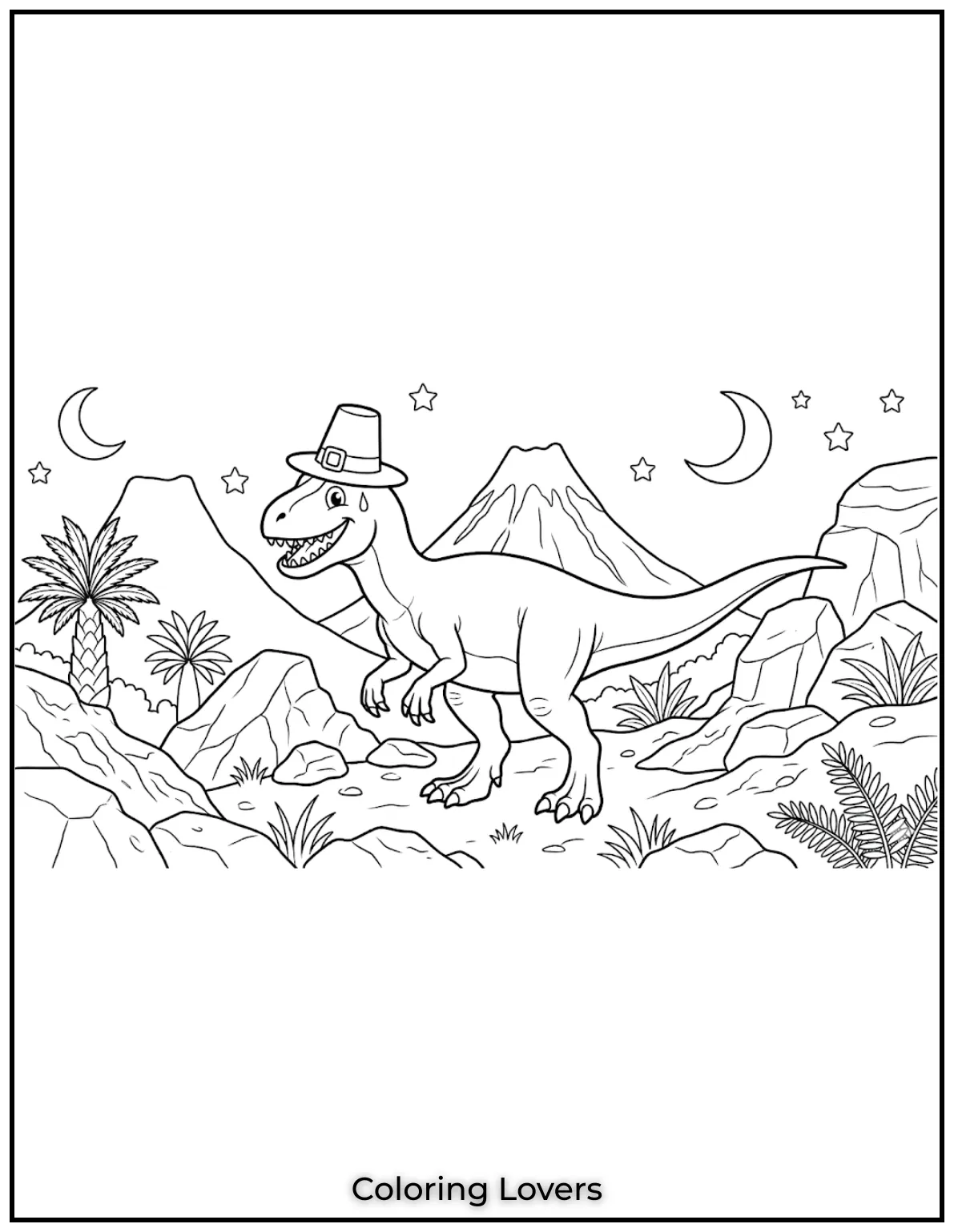 Say hi to a cute Allosaurus with a big grin in a cartoon world.