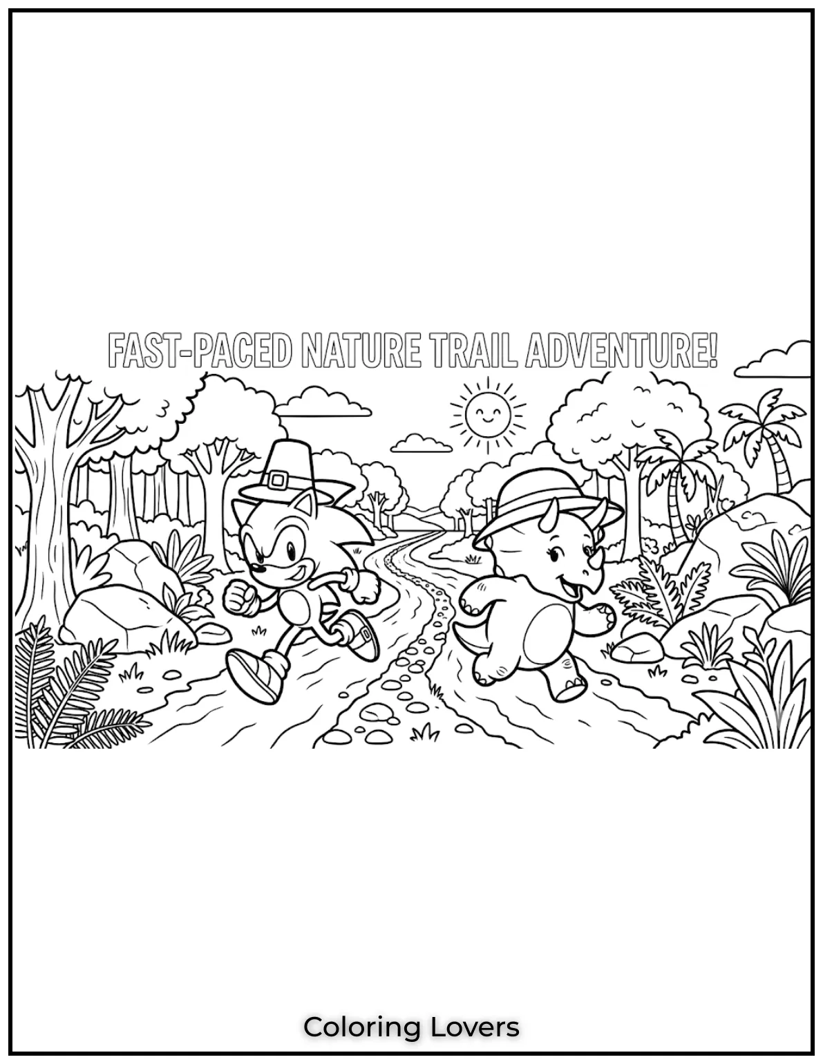 Sonic and a dino pal speed through nature trails in this fast-paced scene.