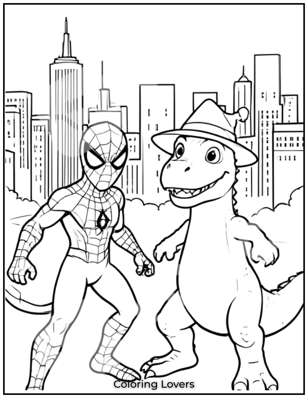 Spiderman joins forces with a brave dinosaur to protect the city. A superhero coloring page with prehistoric power.