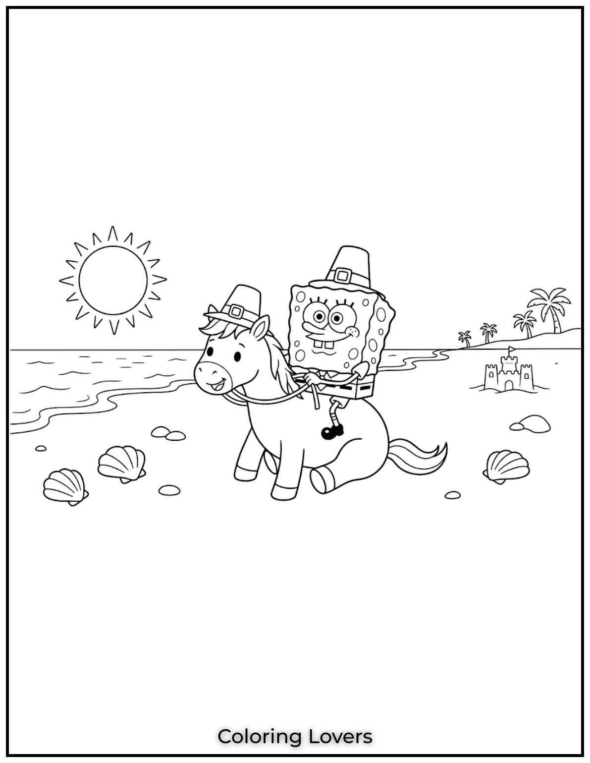 Beautiful Coloring Pages of Horses for Kids and Adults 4 SpongeBob is all smiles as he rides this horse along a sunny beach coloring sheet