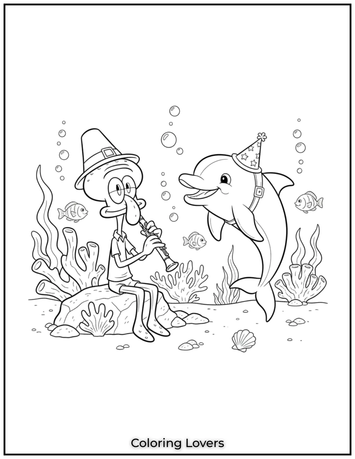 Cute and Easy Dolphin Coloring Pages 38 Squidward is playing his clarinet underwater, and the dolphin seems to enjoy coloring page