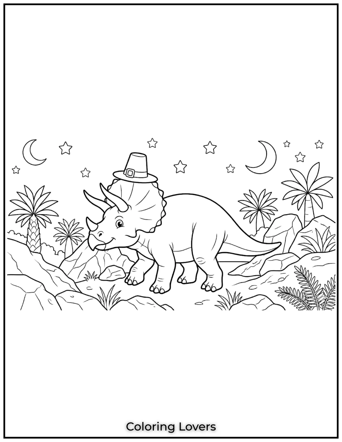 Stars and smiles surround this cute Triceratops, ideal for younger artists