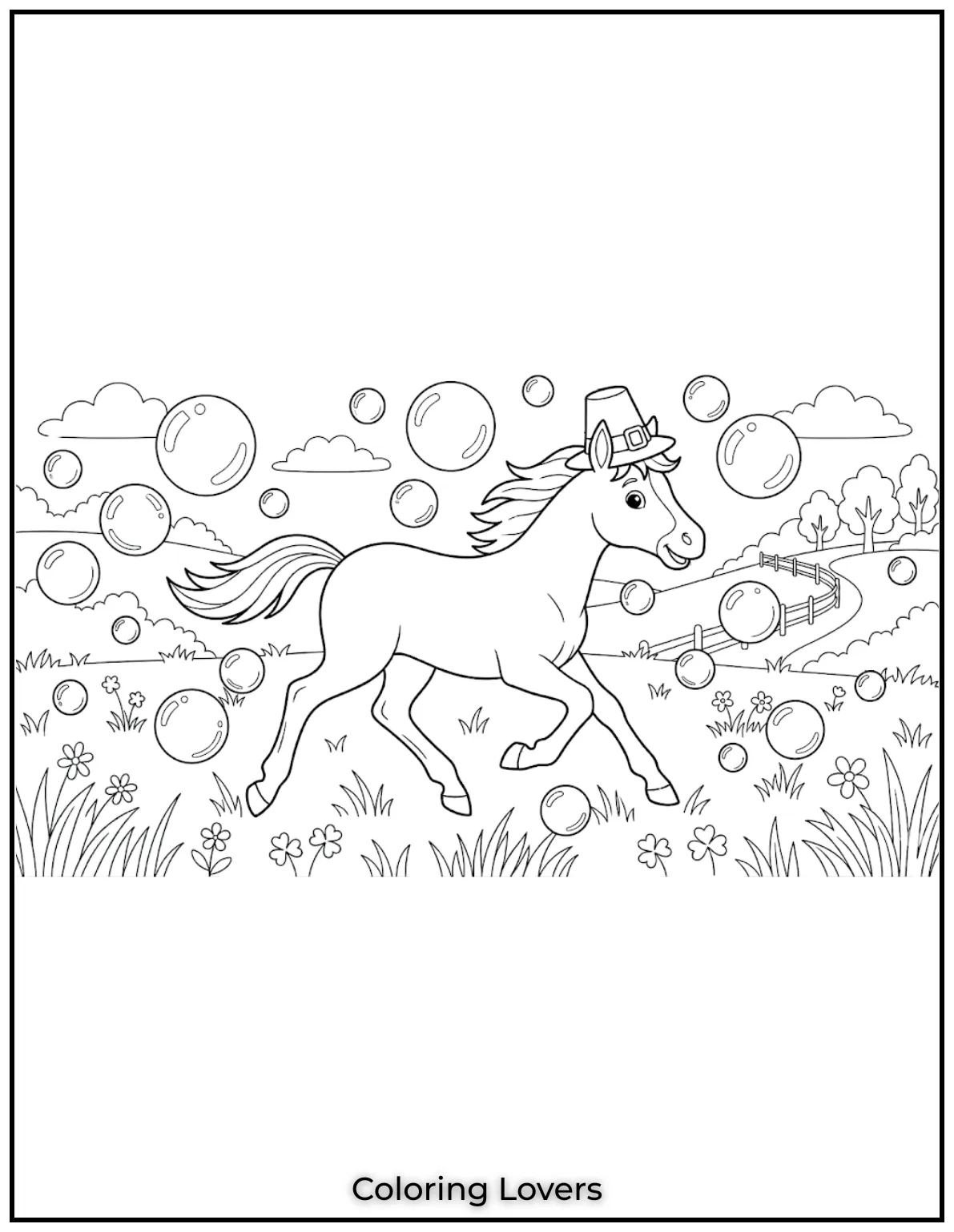 Beautiful Coloring Pages of Horses for Kids and Adults 22 Surrounded by bubbles, this adorable horse is all smiles. It’s a simple and sweet coloring page