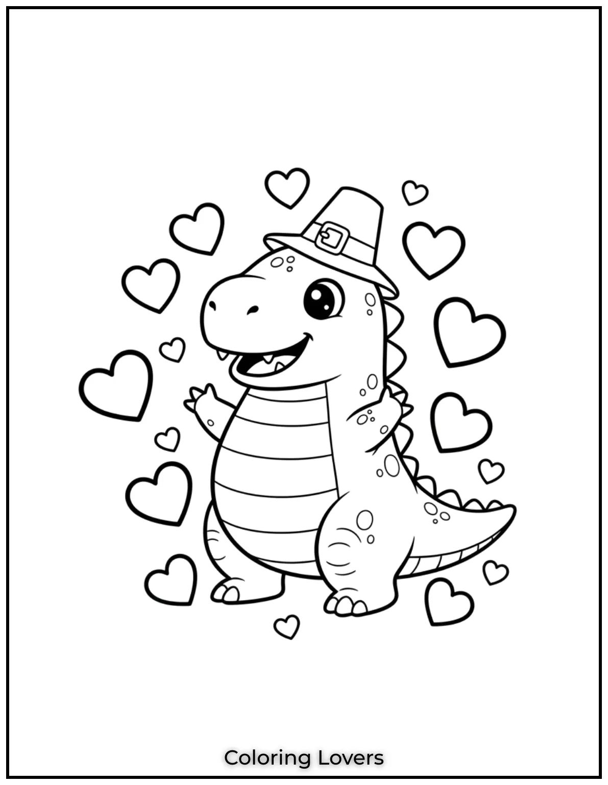 Surrounded by hearts, this smiling dinosaur radiates love.