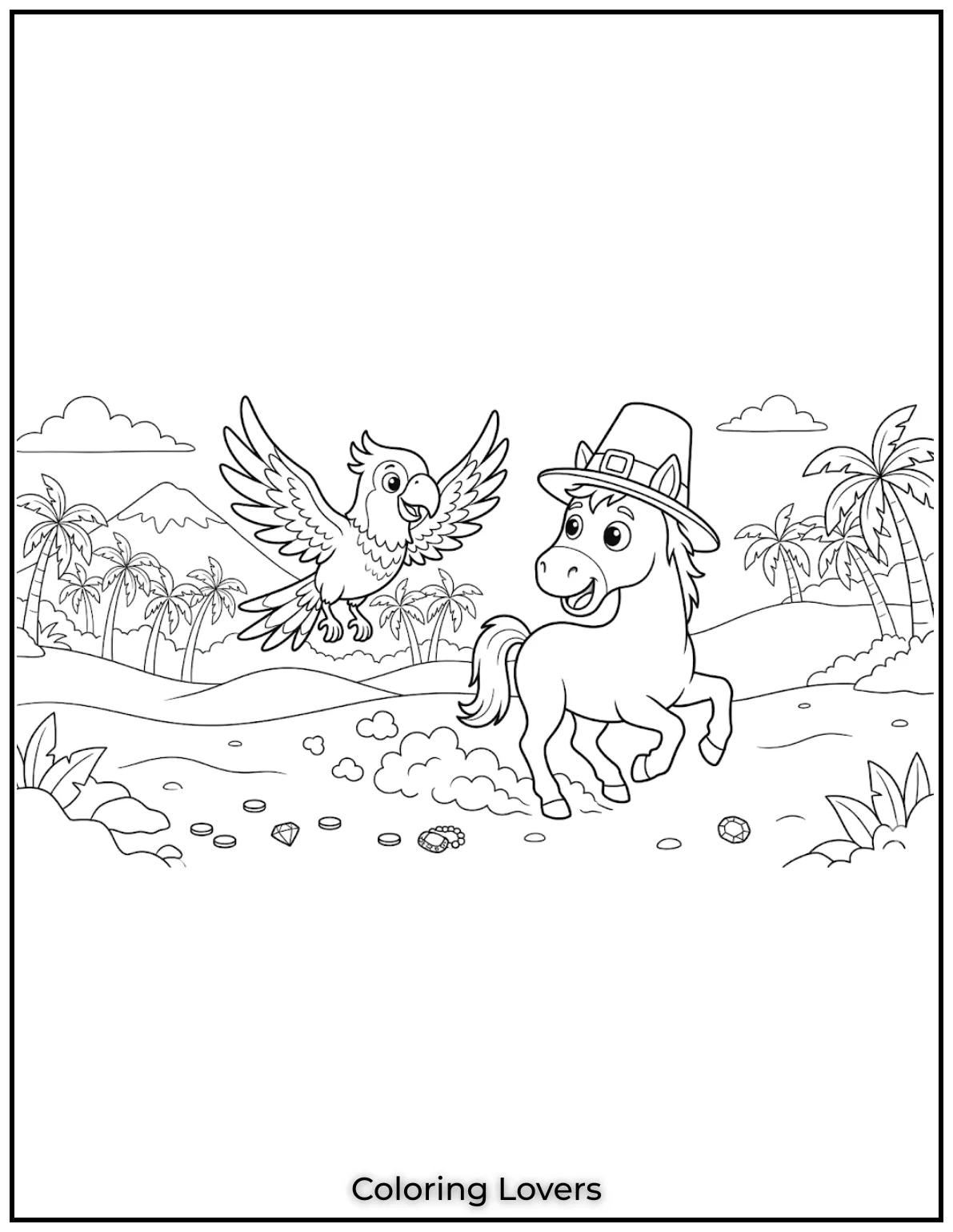 Beautiful Coloring Pages of Horses for Kids and Adults 32 The foal is happily galloping alongside its bird friend coloing page