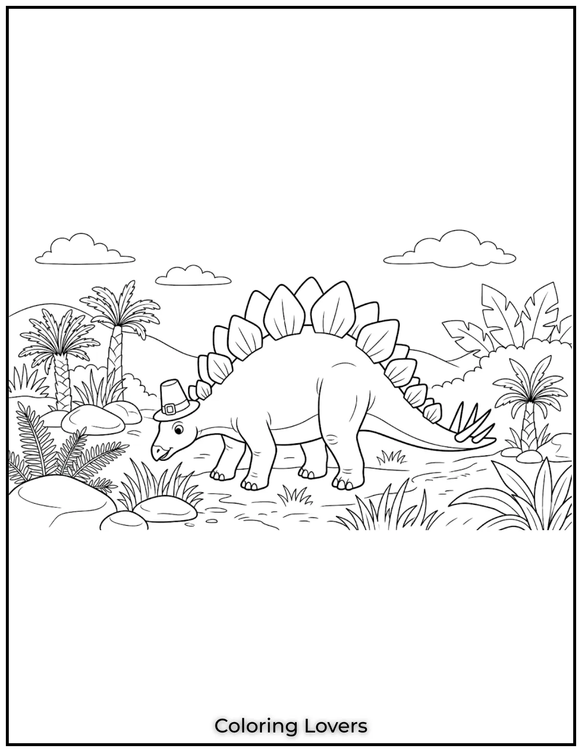 This Stegosaurus coloring page shows a realistic depiction grazing in nature.