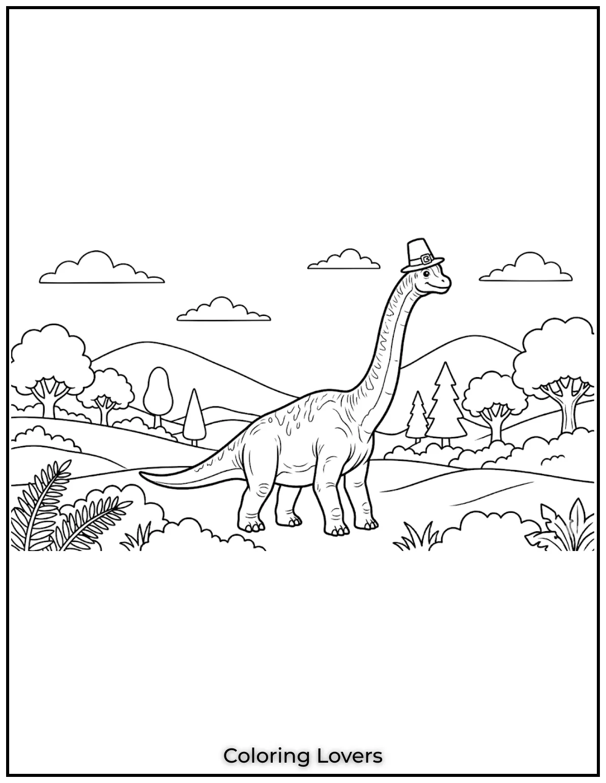 This adorable Brachiosaurus stands proudly in a cartoonish scene, ideal for kids.