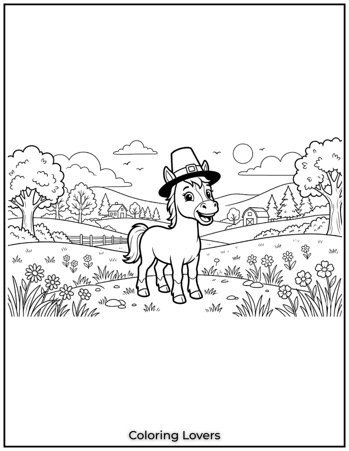 Beautiful Coloring Pages of Horses for Kids and Adults 28 This adorable baby horse has the happiest smile! This horse coloring page is perfect for brightening anyone’s day.