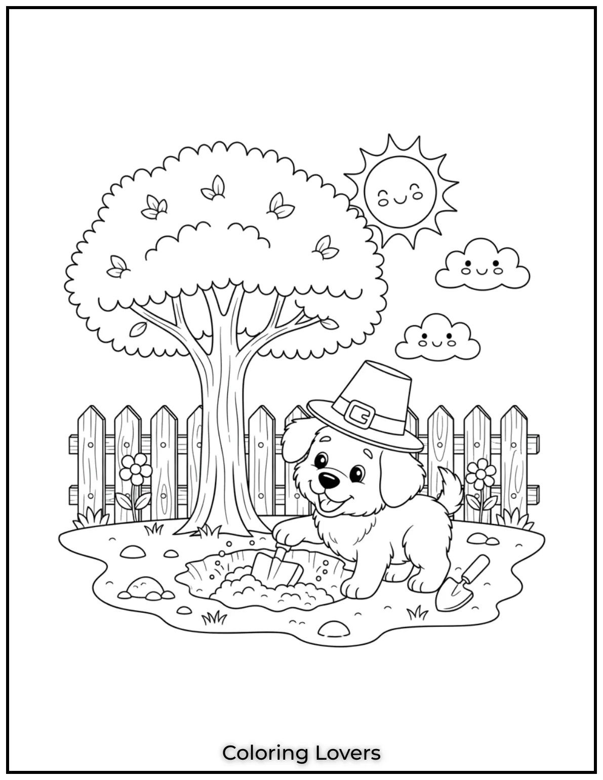This adorable coloring page shows a playful puppy digging pdf
