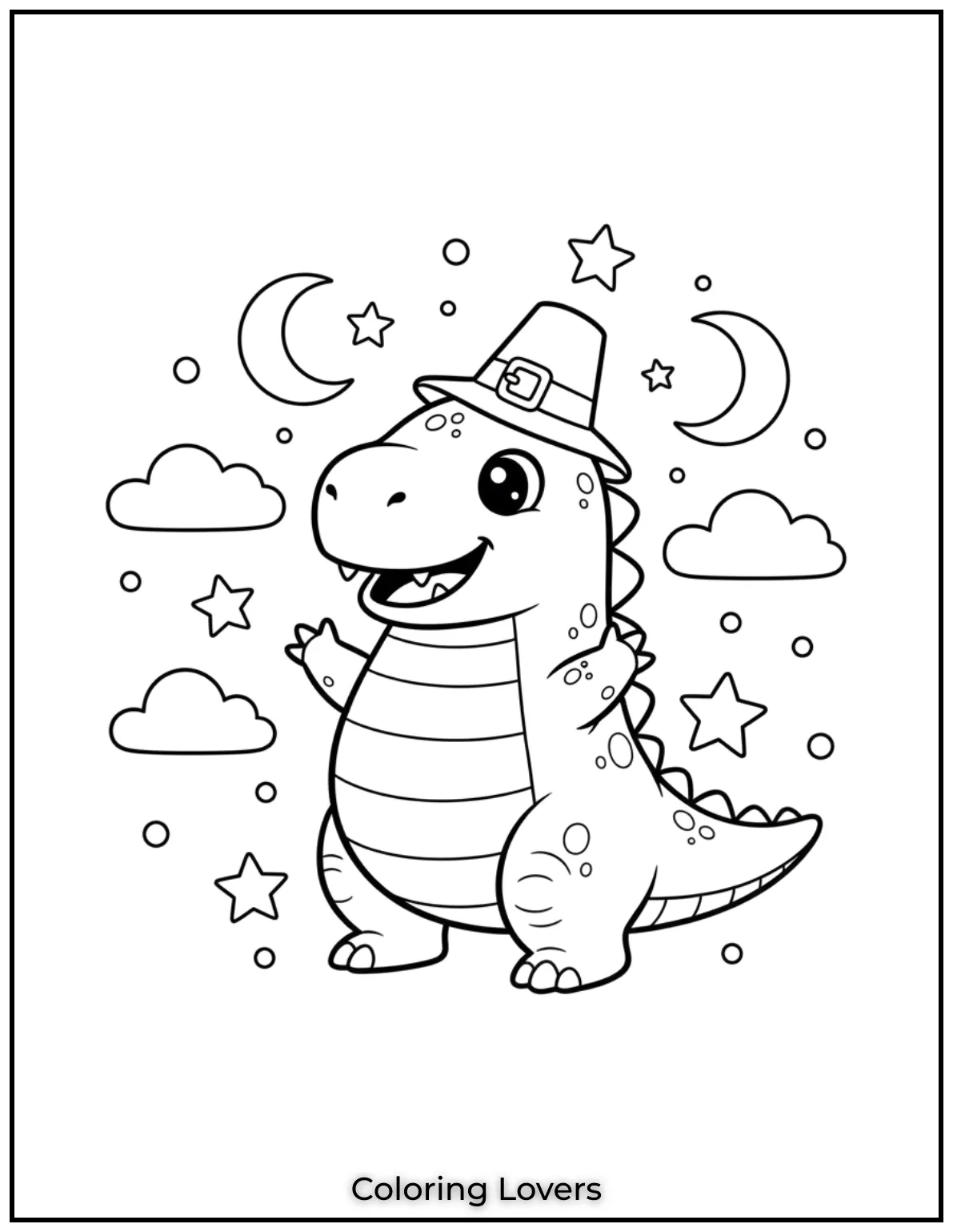 This adorable dino stands under the stars, ready for fun