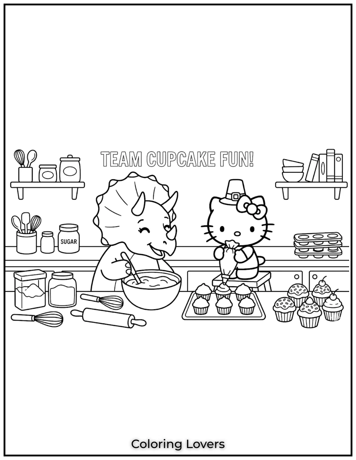 This adorable dinosaur and Hello Kitty team up in the kitchen for cupcake fun. 