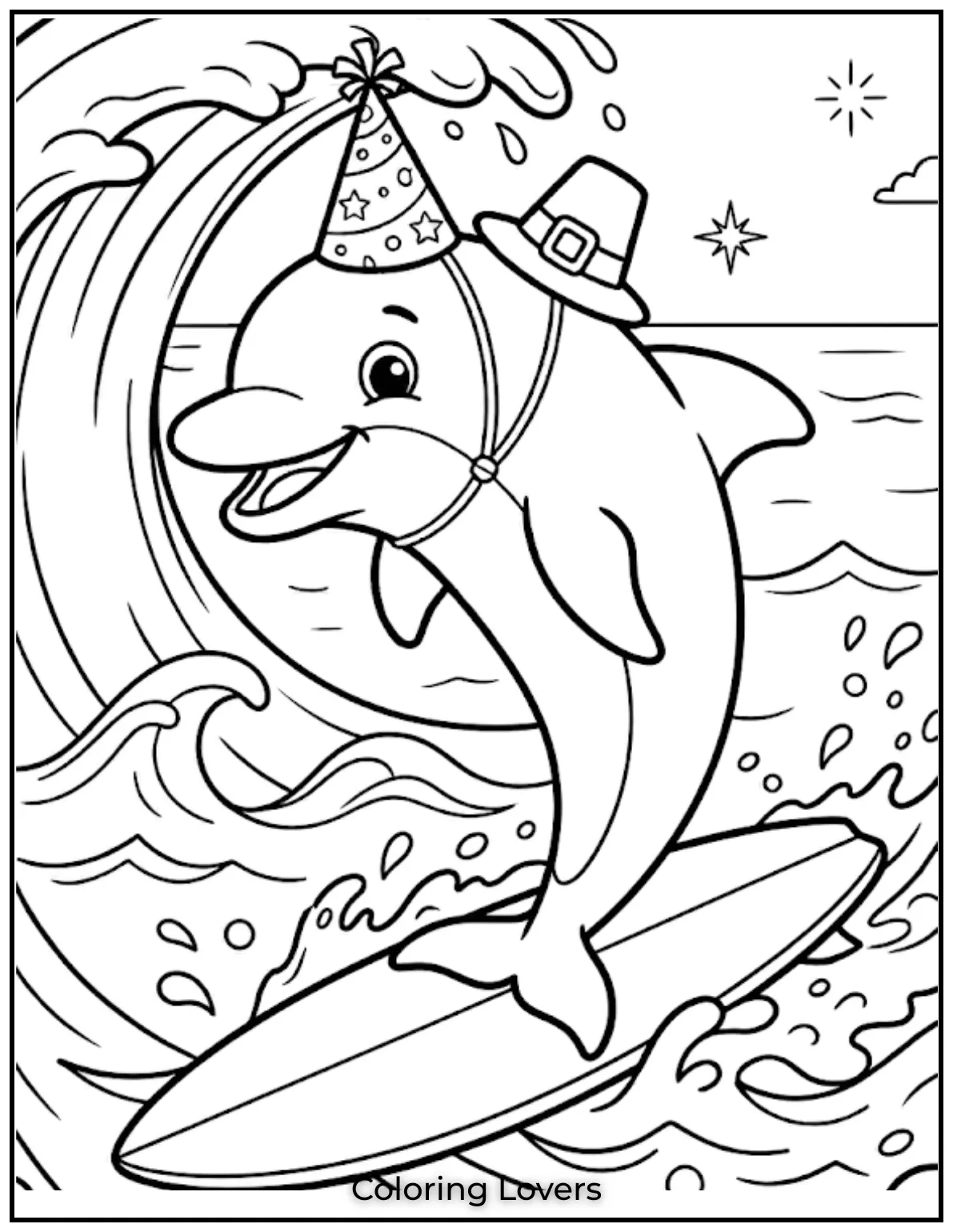 Cute and Easy Dolphin Coloring Pages 25 This adorable dolphin is surfing the waves with a big smile.