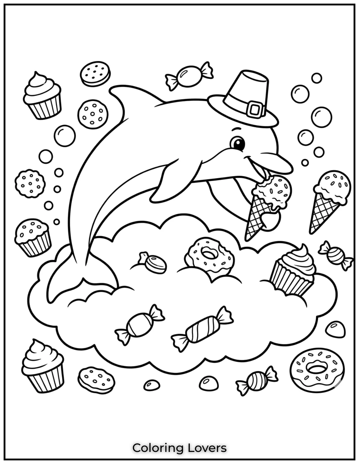 Cute and Easy Dolphin Coloring Pages 6 This baby dolphin enjoys an ice cream cone while floating on a soft cloud coloring pages