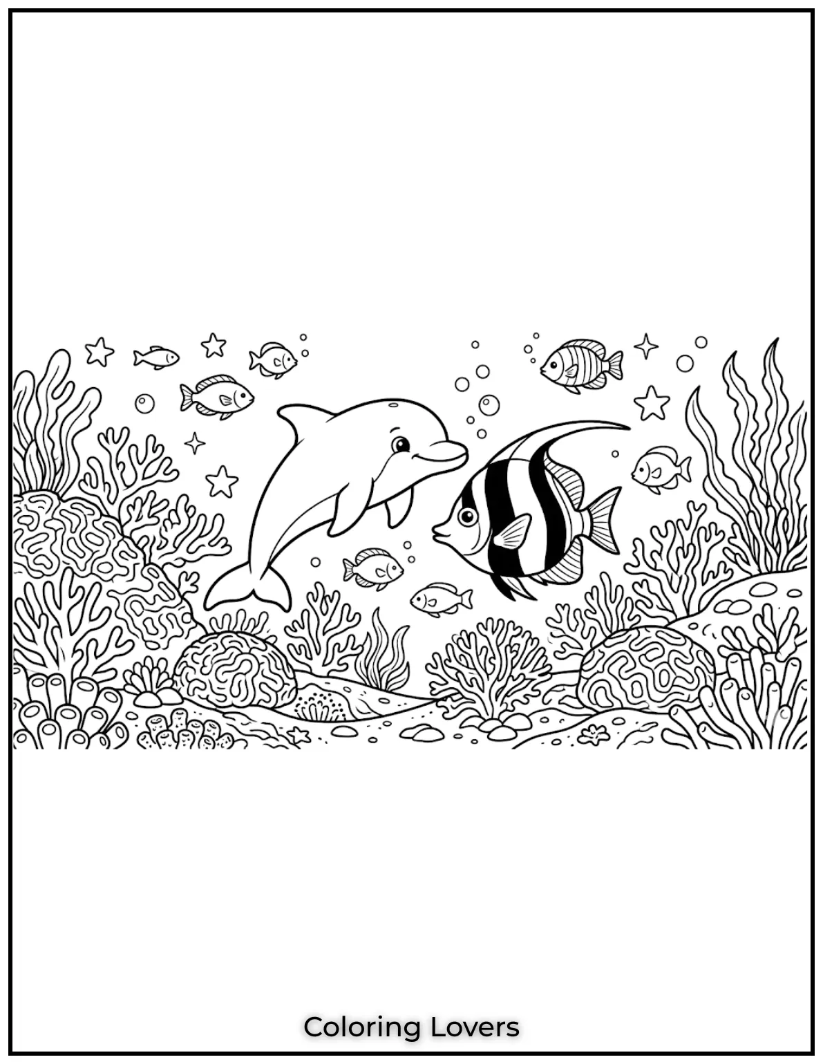 Cute and Easy Dolphin Coloring Pages 4 This baby dolphin swims beside a striped fish in a coral reef. A peaceful underwater adventure awaits.