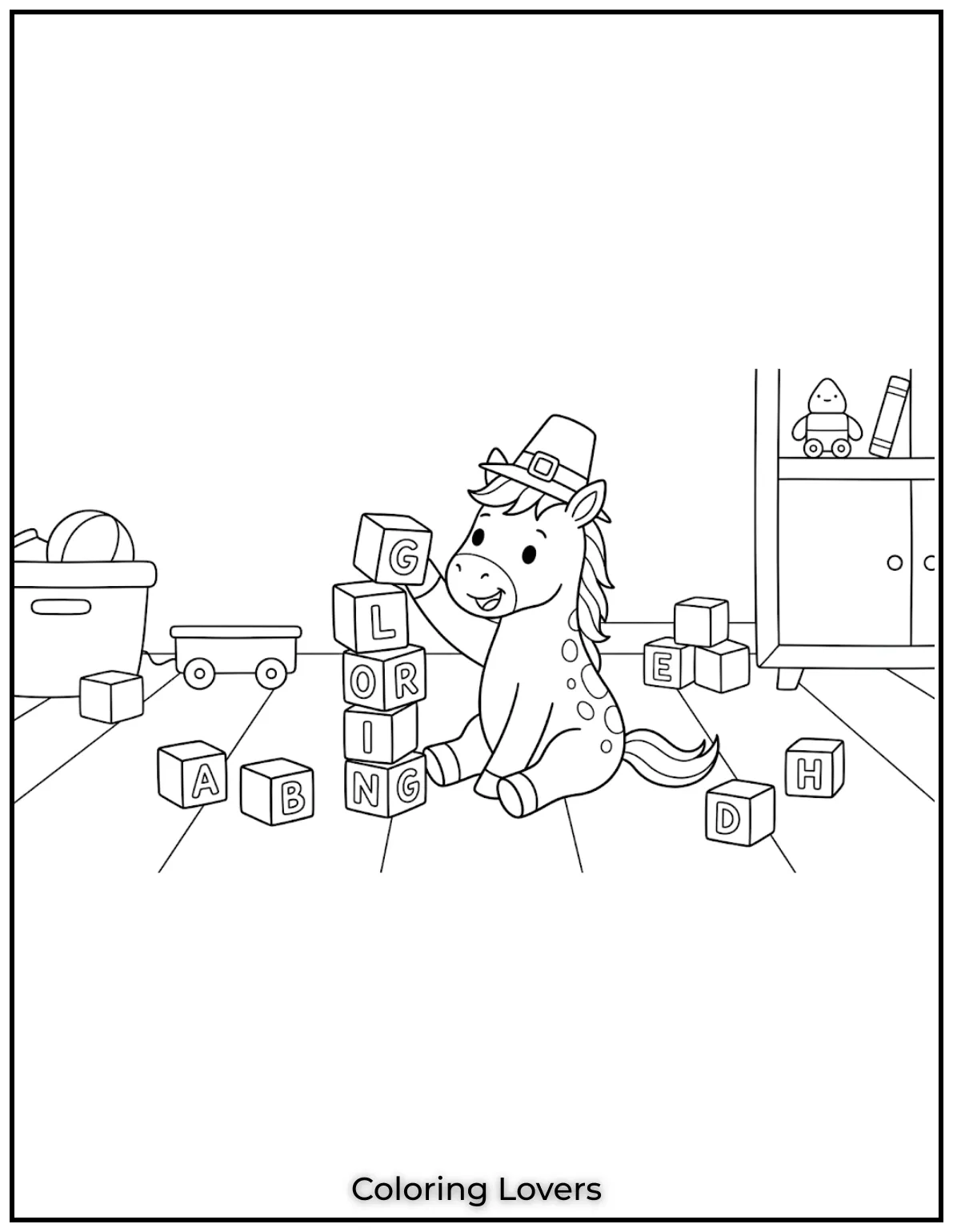 Beautiful Coloring Pages of Horses for Kids and Adults 3 This baby horse is building a tower with its blocks coloring sheet