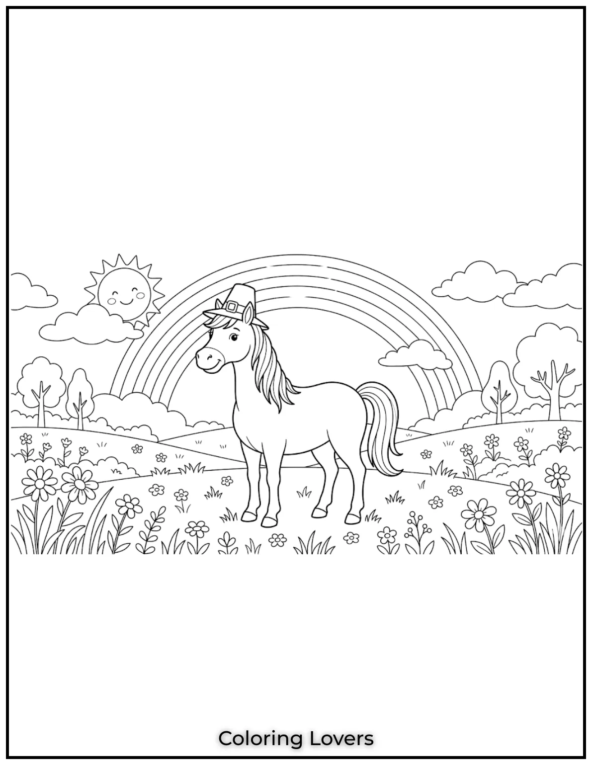 Beautiful Coloring Pages of Horses for Kids and Adults 8 This beautiful horse stands proudly under a bright rainbow coloring scene