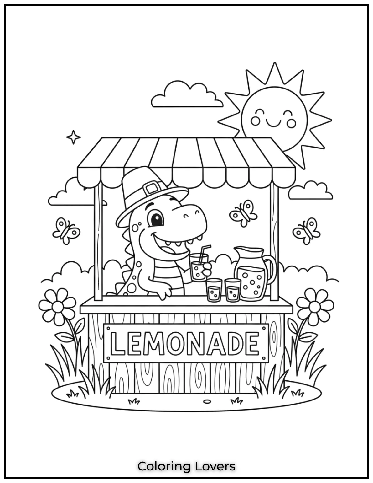 This cheerful dinosaur runs a lemonade 