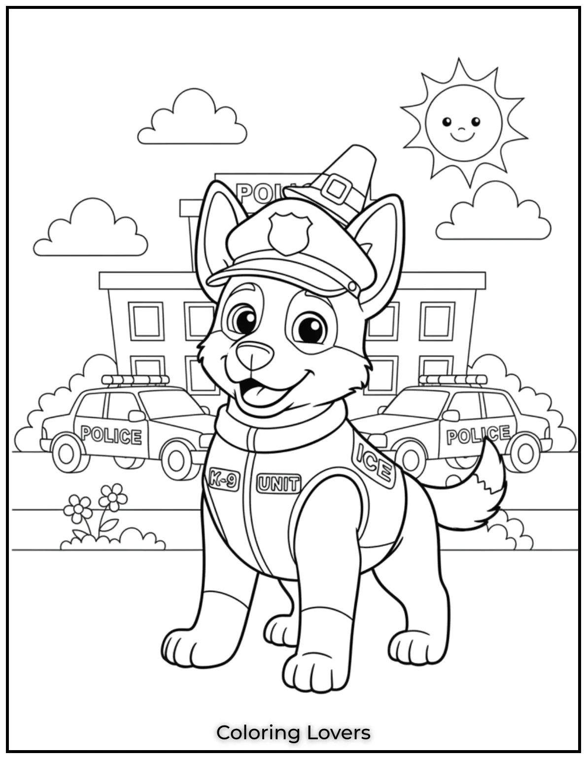 This coloring page features a brave police dog pdf sheet
