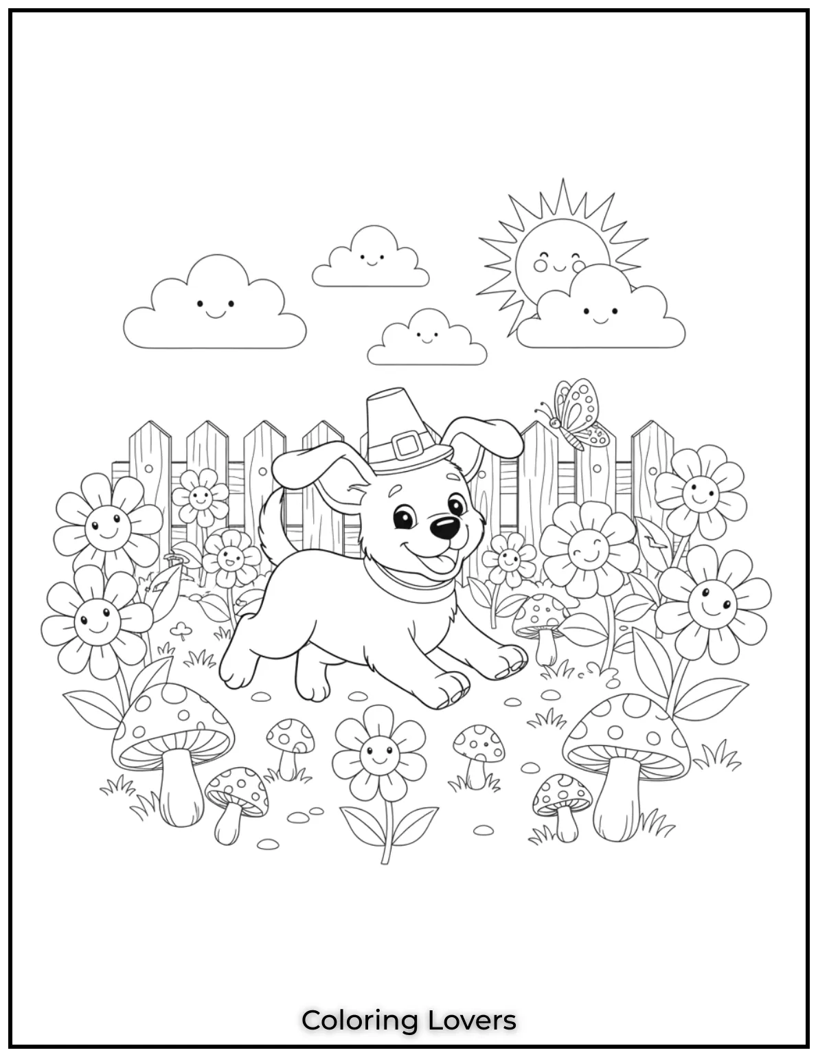 This coloring page features a playful puppy 
