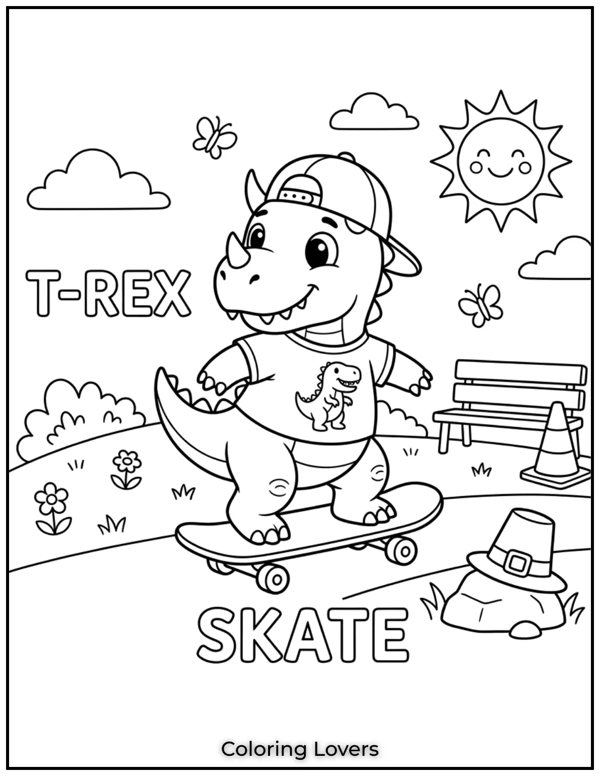 This cool dinosaur rides a skateboard wearing a cap and T-Rex shirt coloring sheet