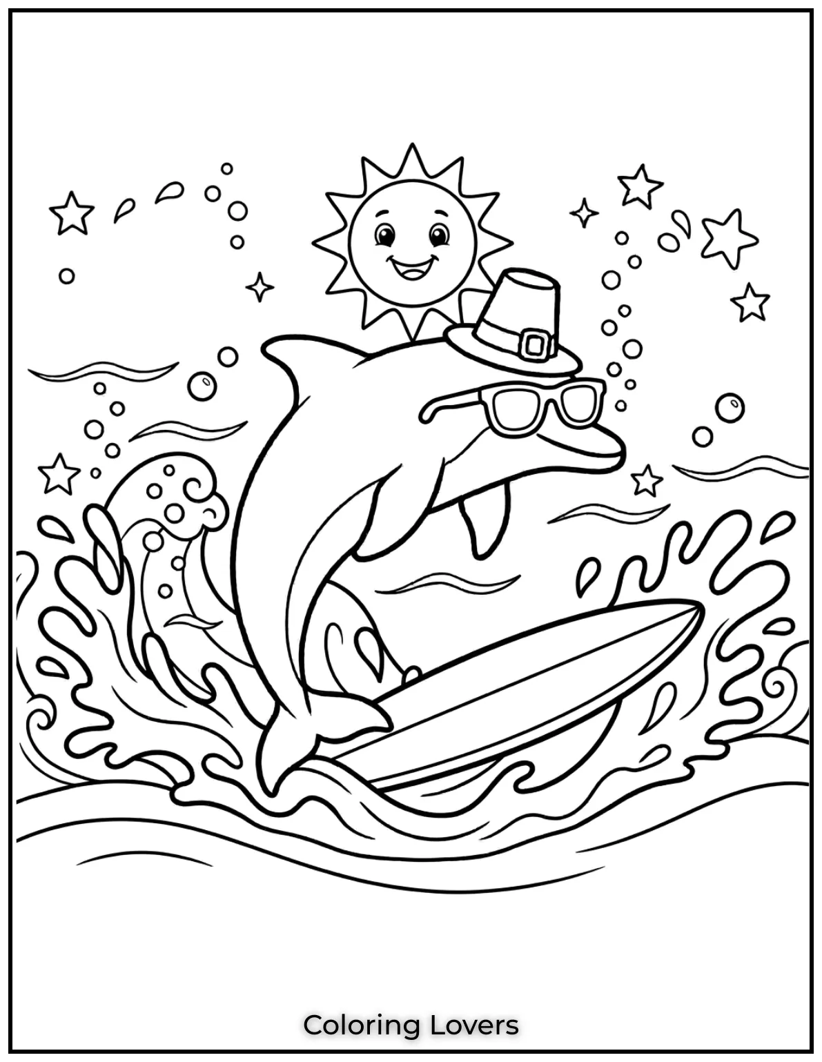 Cute and Easy Dolphin Coloring Pages 14 This cool dolphin is rocking sunglasses while surfing the waves.