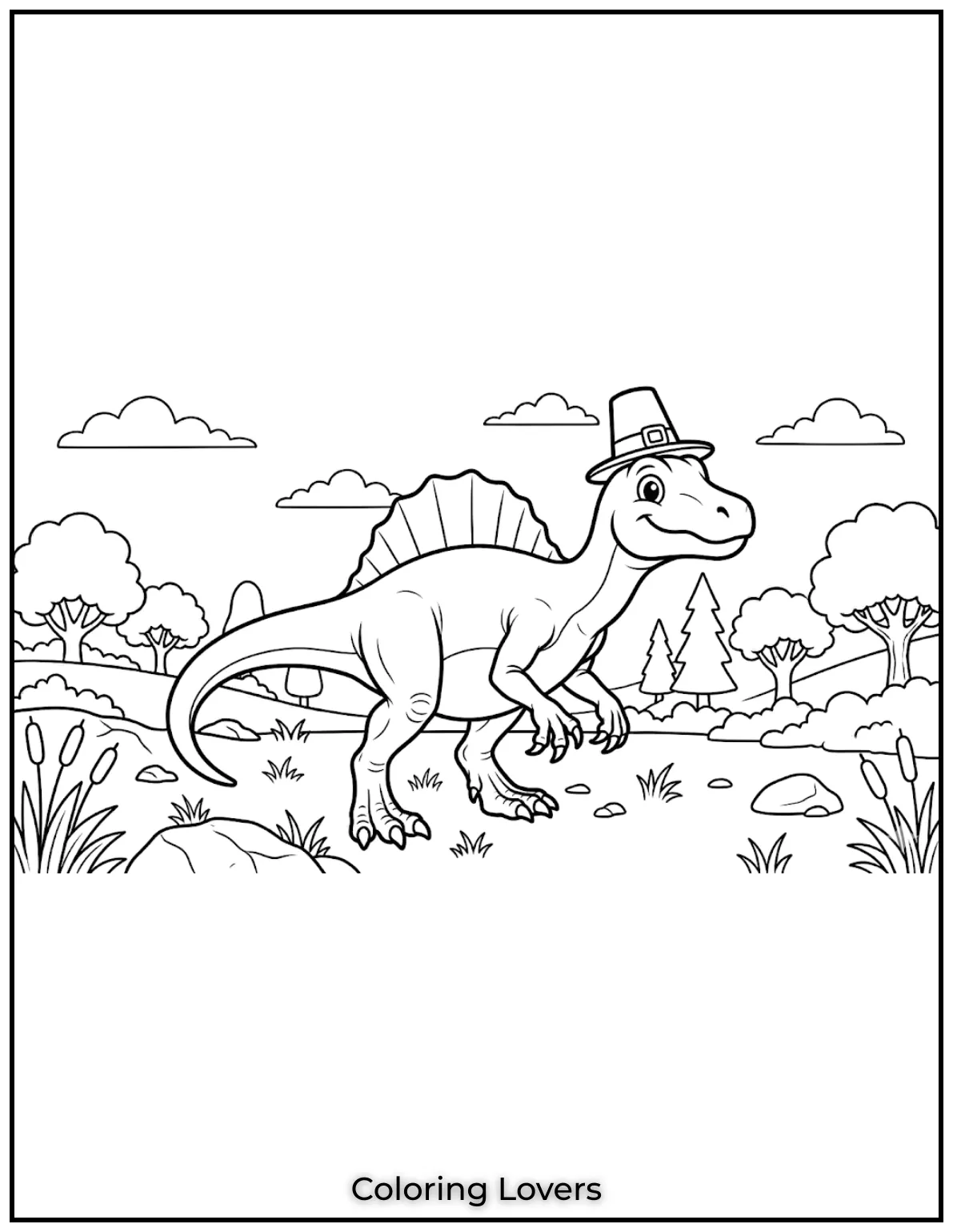 This cute Spinosaurus has a round belly and cheerful grin