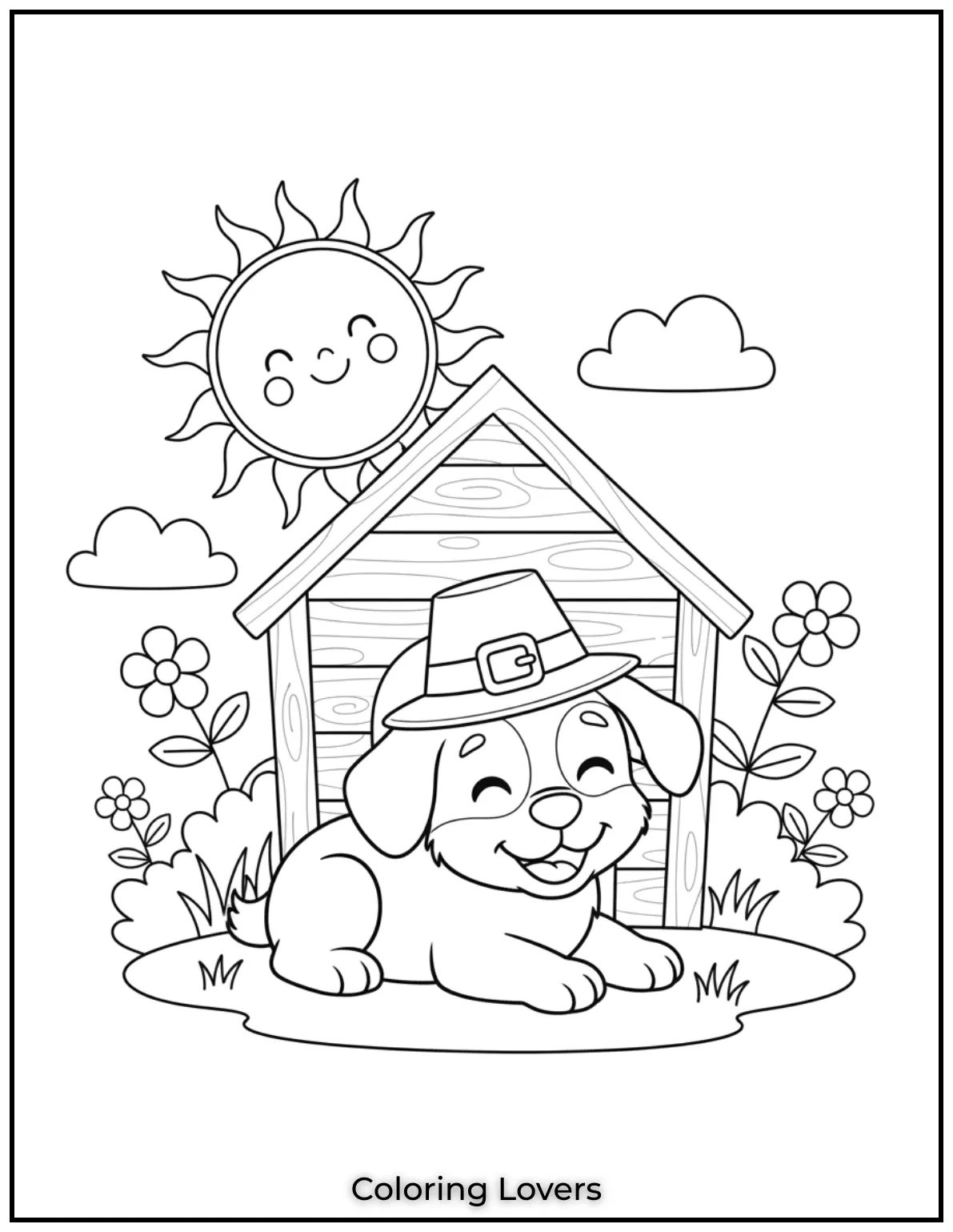 This cute coloring page shows a happy puppy 