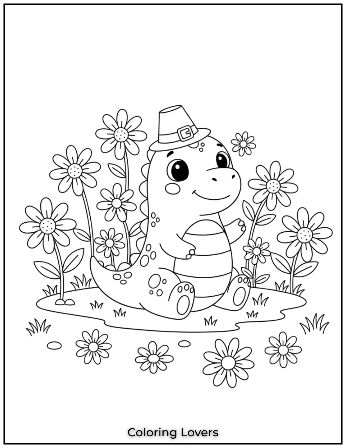 This cute dinosaur sits among daisies in a sweet garden