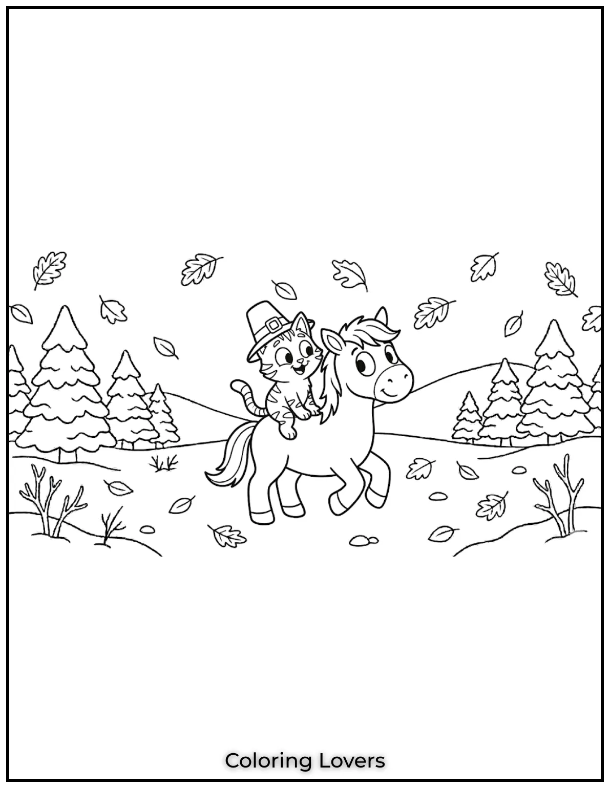 Beautiful Coloring Pages of Horses for Kids and Adults 12 This cute kitten is having the time of its life riding a friendly horse.A joyful moment coloring page