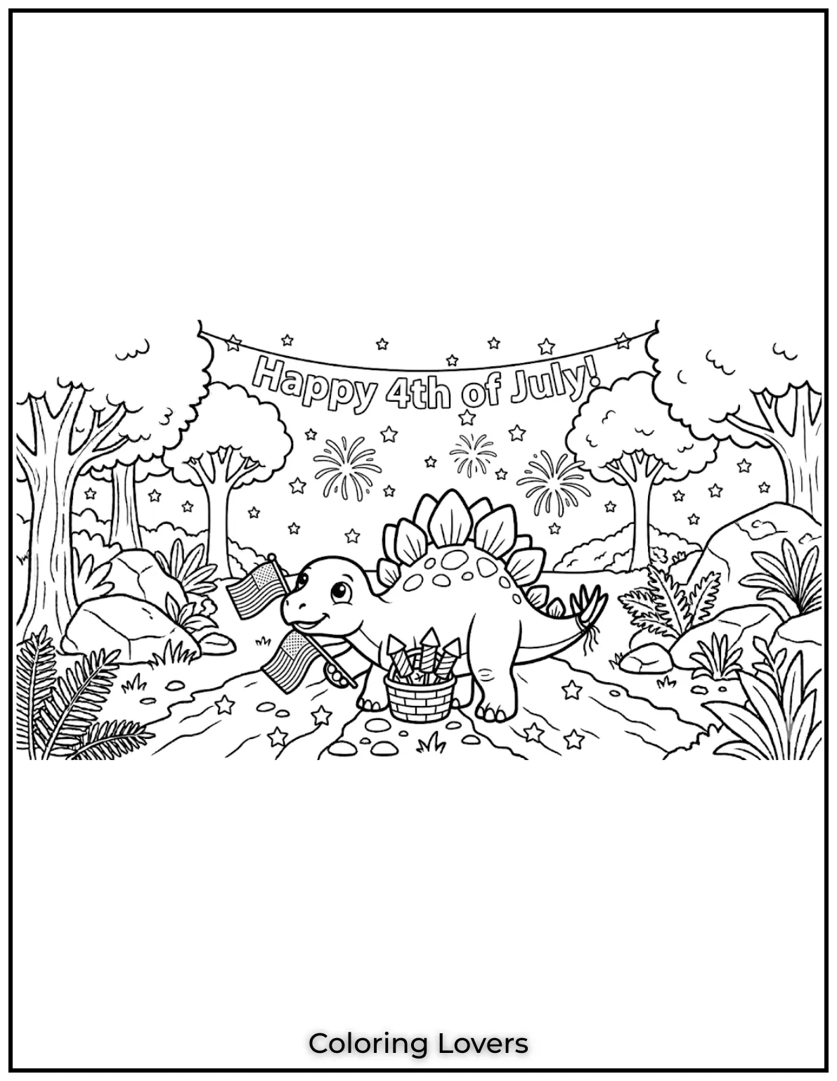 This dino is ready for fireworks, flags, and fun! Enjoy patriotic dinosaur coloring pages 