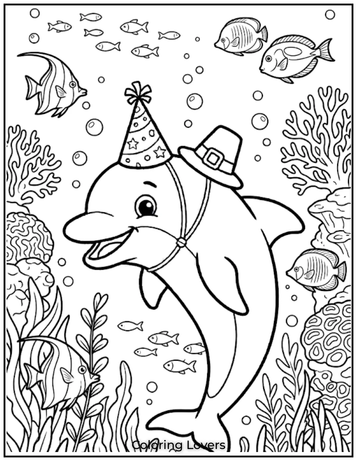 Cute and Easy Dolphin Coloring Pages 28 This dolphin is swimming gracefully near a coral reef, surrounded by little fish.