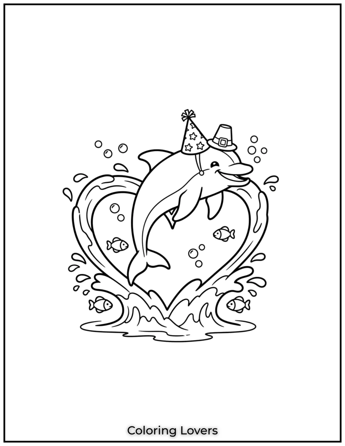 Cute and Easy Dolphin Coloring Pages 22 This dolphin jumps gracefully through a heart-shaped splash, creating a moment full of love and joy.