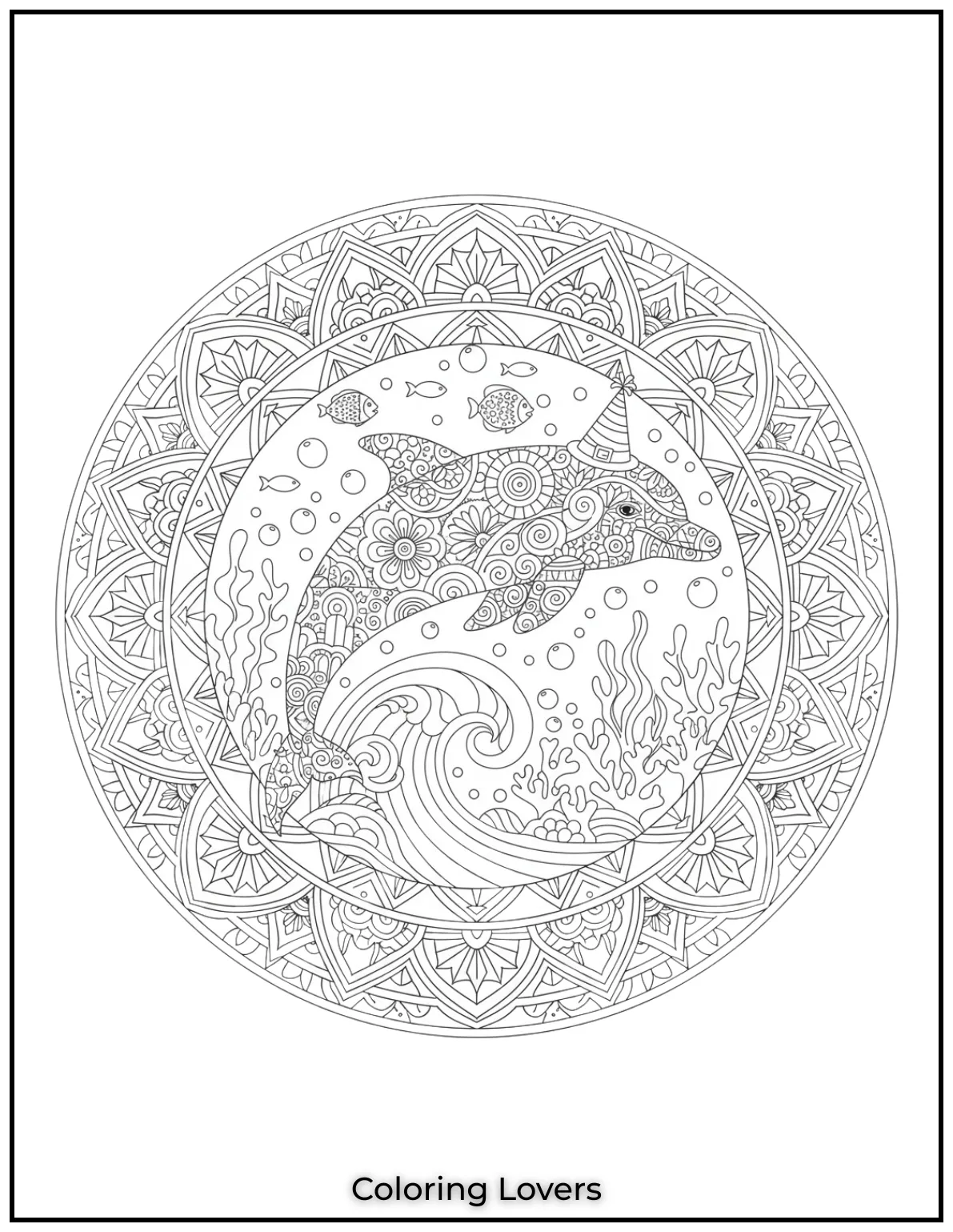 Cute and Easy Dolphin Coloring Pages 43 This dolphin surrounded by geometric mandala patterns coloring page