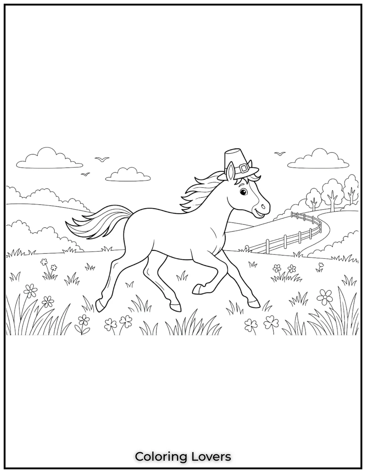 Beautiful Coloring Pages of Horses for Kids and Adults 20 This energetic young horse is full of life as it gallops through the grass. It’s such a cheerful image to color!