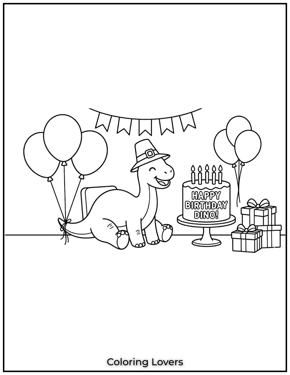 This friendly dinosaur stands by a rainbow with butterflies