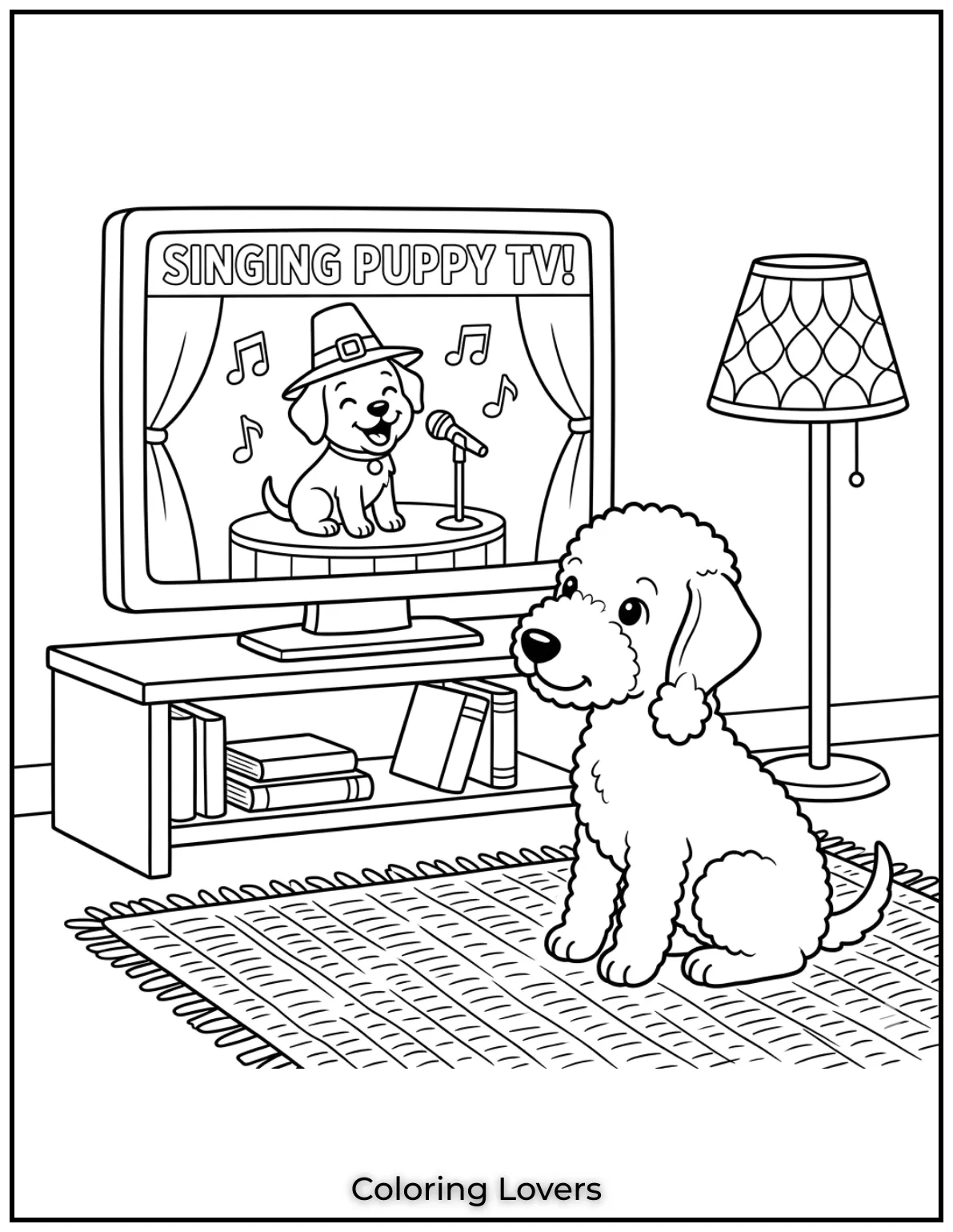 This fun coloring page for kids features a dog sitting on a mat 