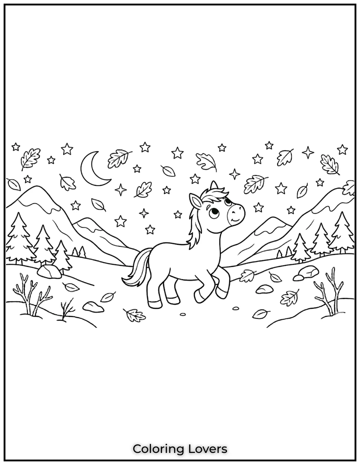 Beautiful Coloring Pages of Horses for Kids and Adults 18 This horse seems mesmerized by the twinkling stars in the sky. What a peaceful scene coloring sheet