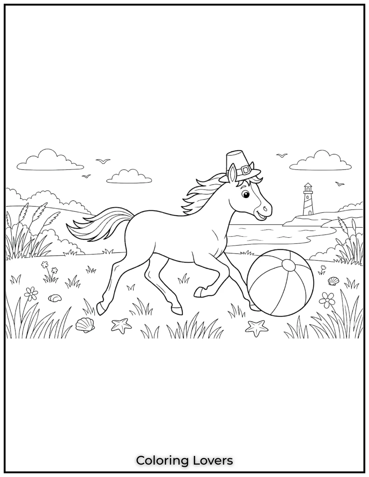 Beautiful Coloring Pages of Horses for Kids and Adults 23 This little foal looks so curious as it plays with a beach ball.