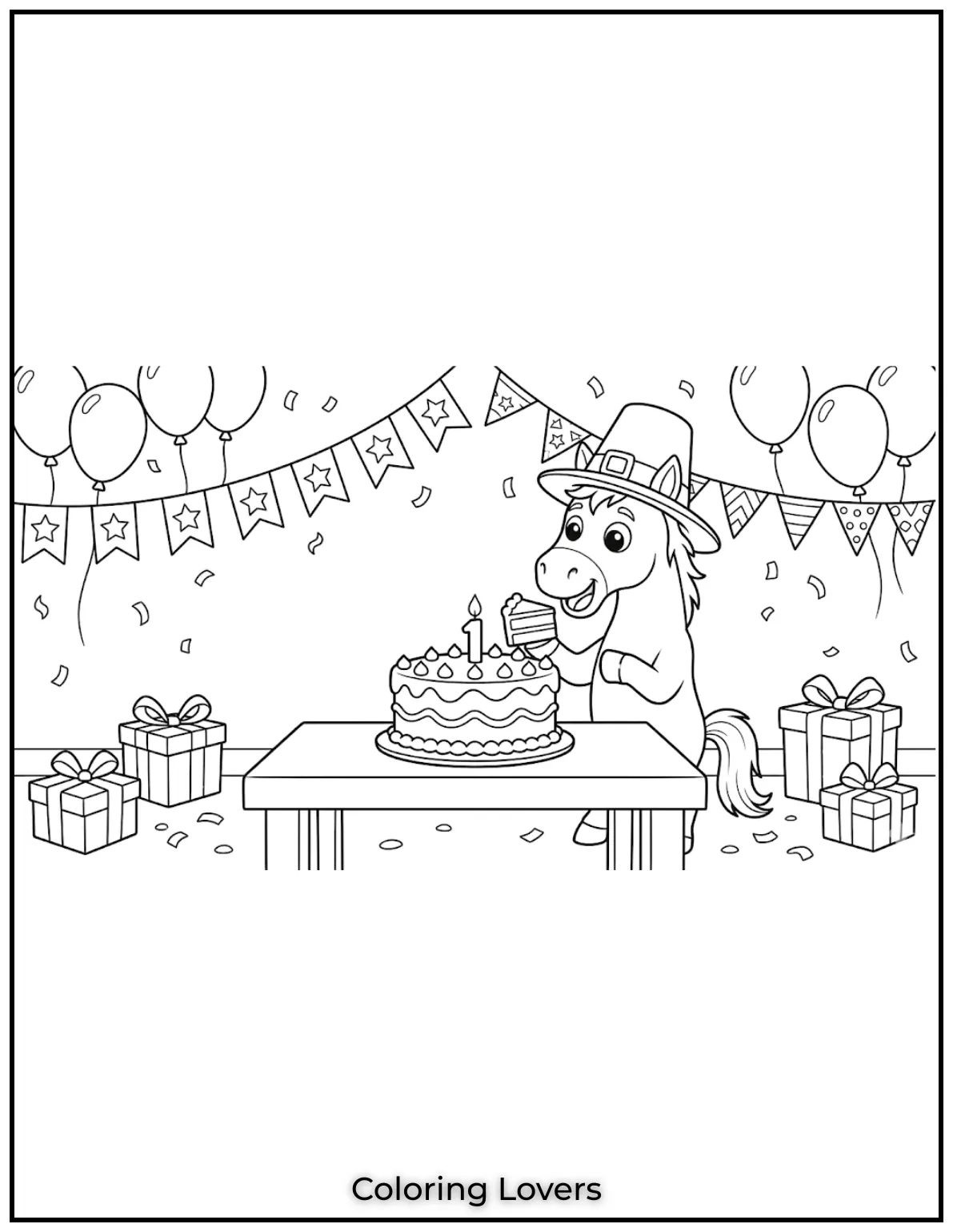 Beautiful Coloring Pages of Horses for Kids and Adults 33 This little horse is ready to celebrate with a yummy slice of cake coloring page