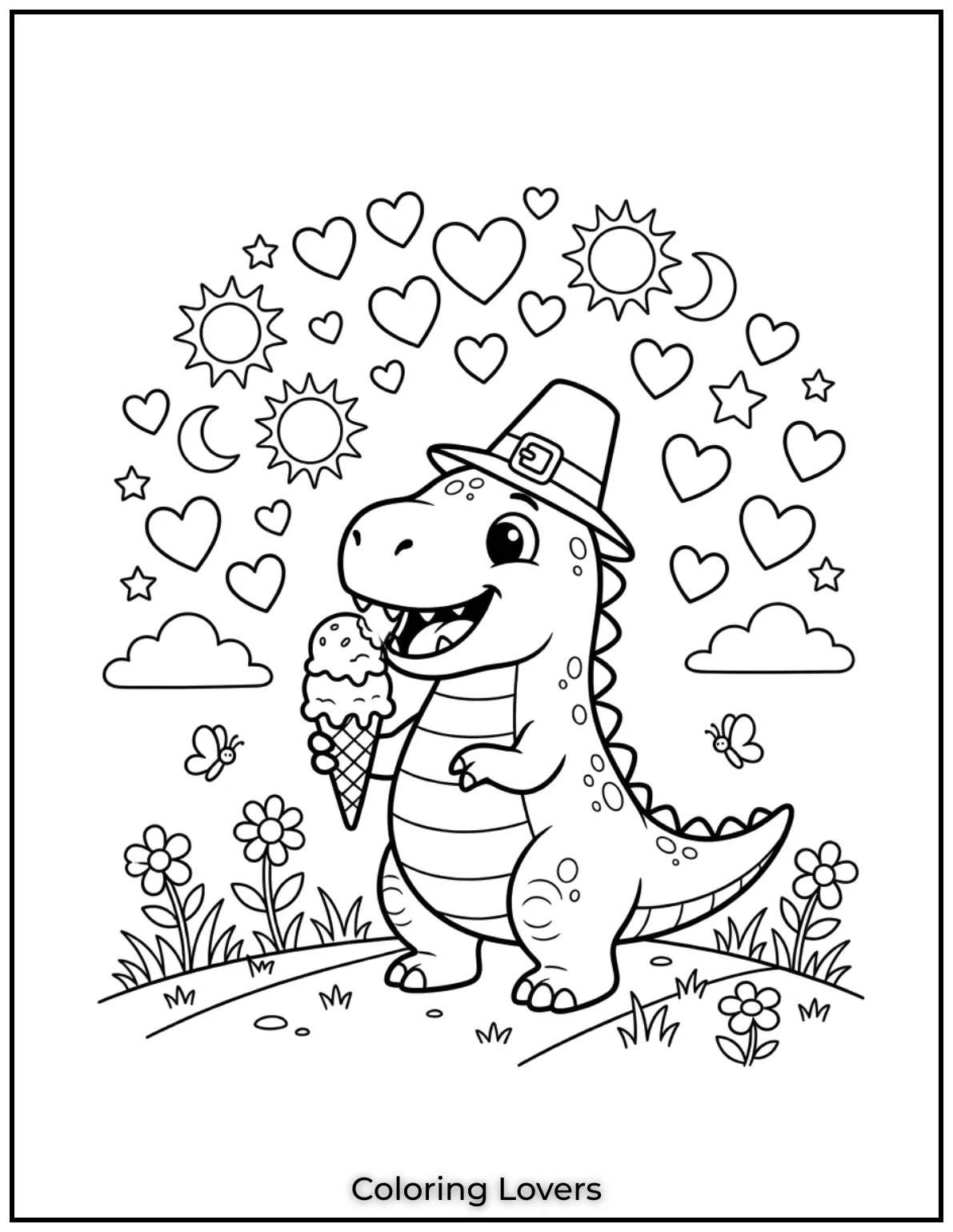 This playful T-Rex enjoys an ice cream under floating hearts