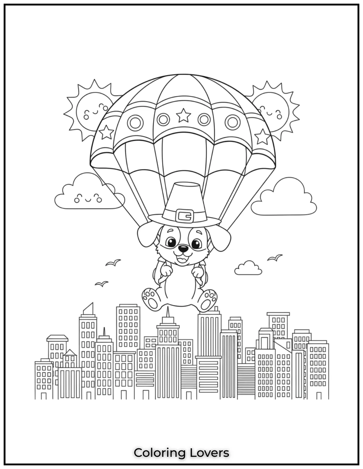 This playful puppy is gliding over the city with a colorful parachute