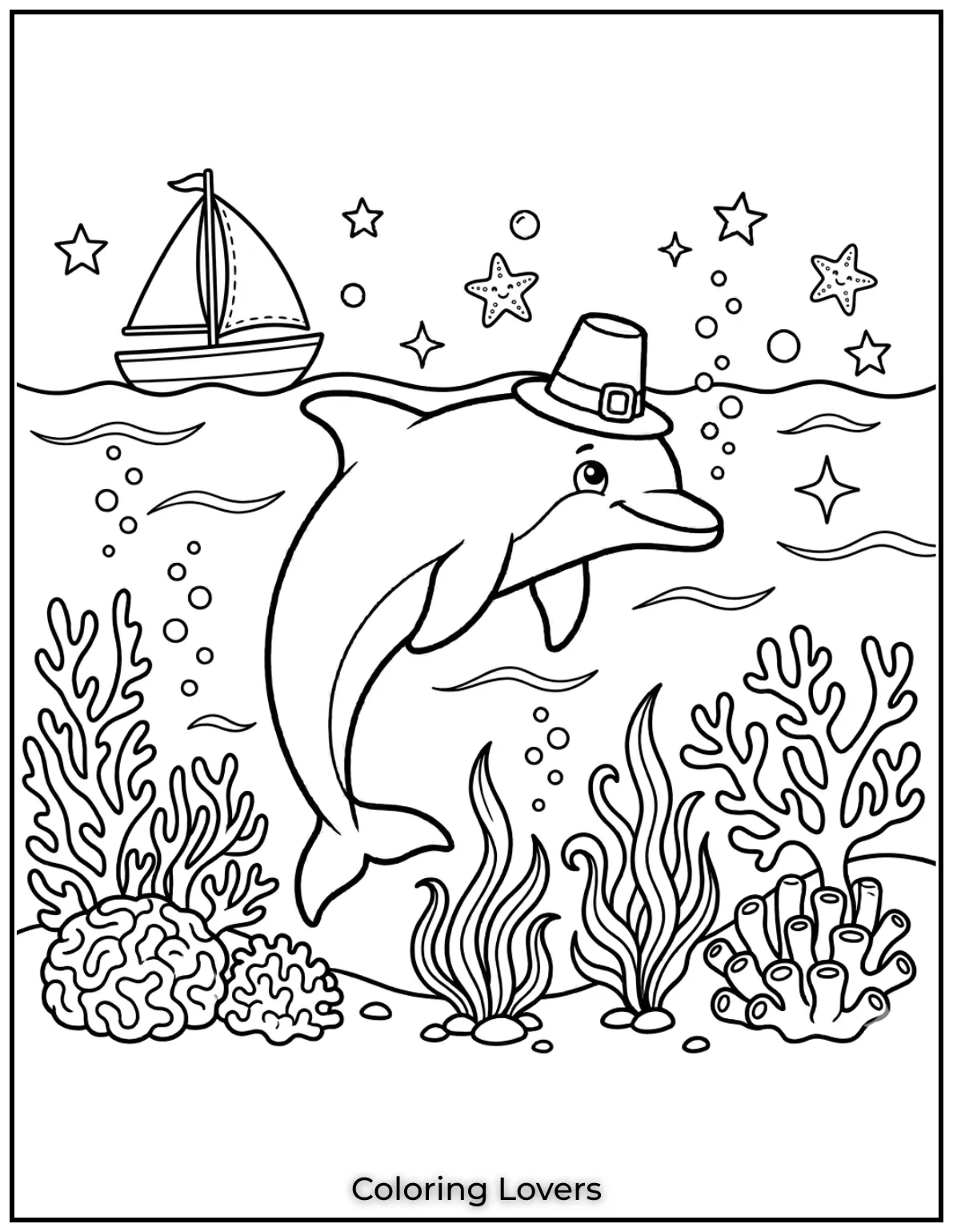Cute and Easy Dolphin Coloring Pages 11 This smiling baby dolphin is gliding through the water while a sailboat floats above.
