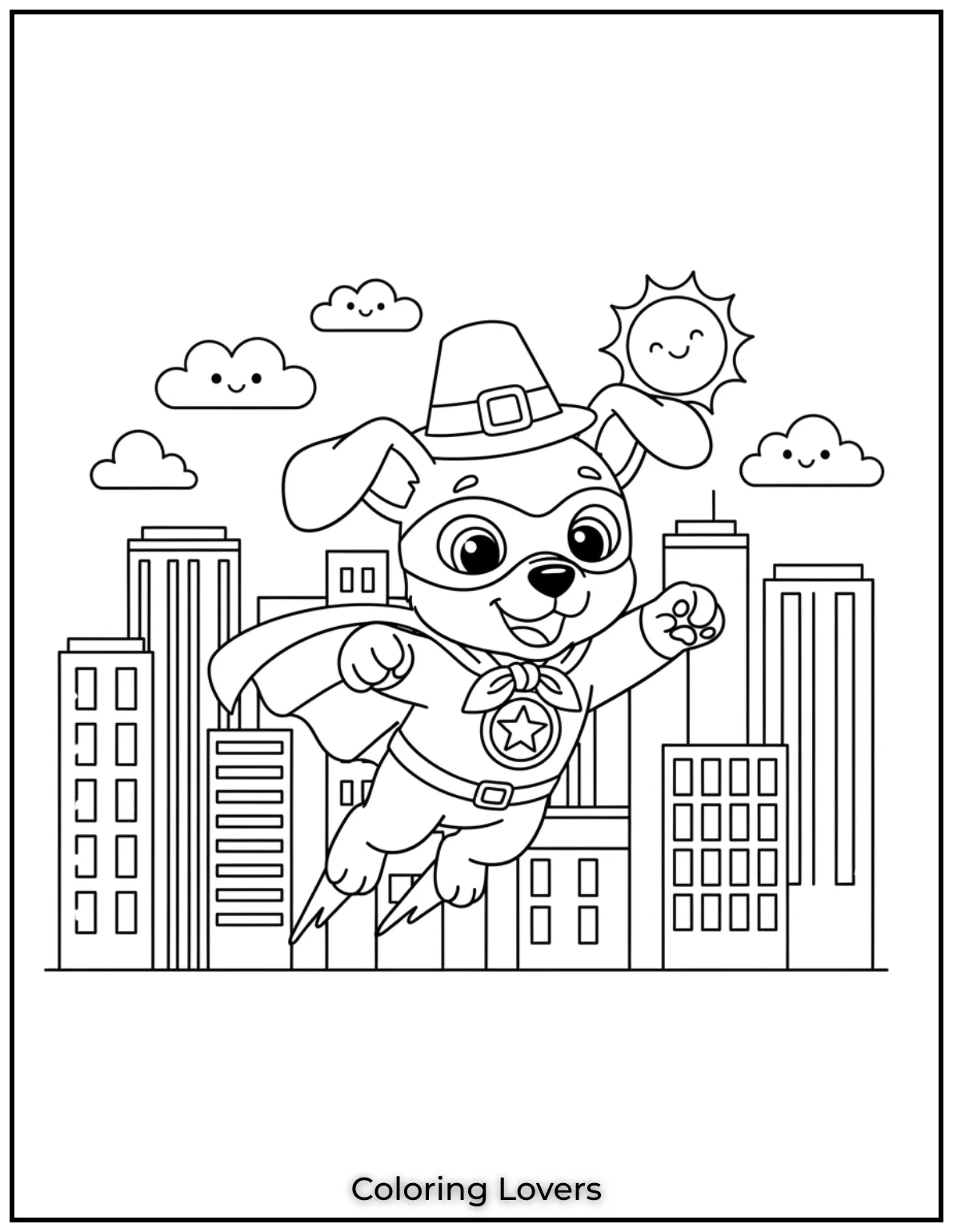 Unleash your creativity by coloring this brave superhero puppy, 
