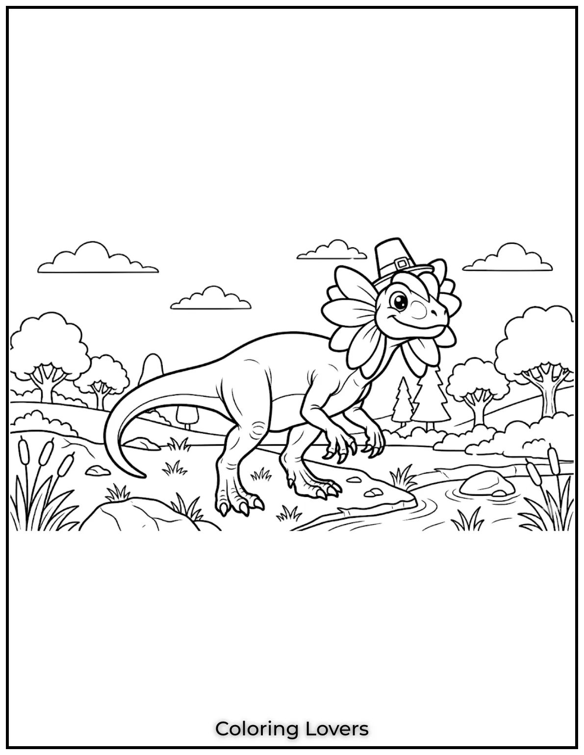 With cartoon eyes and flower-like frills, this cute Dilophosaurus 