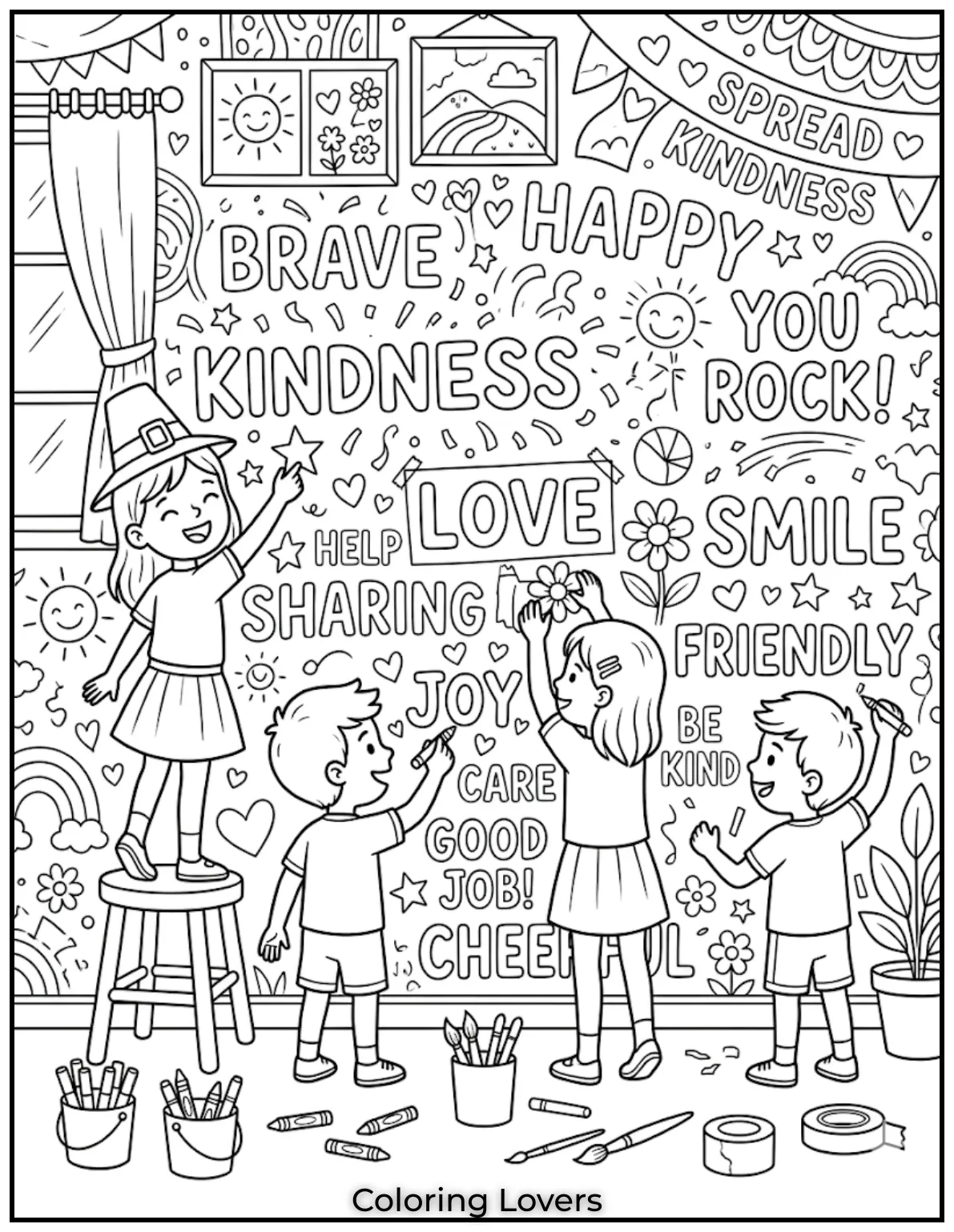 Fill the page with happy words and watch positivity jump right out of every color.