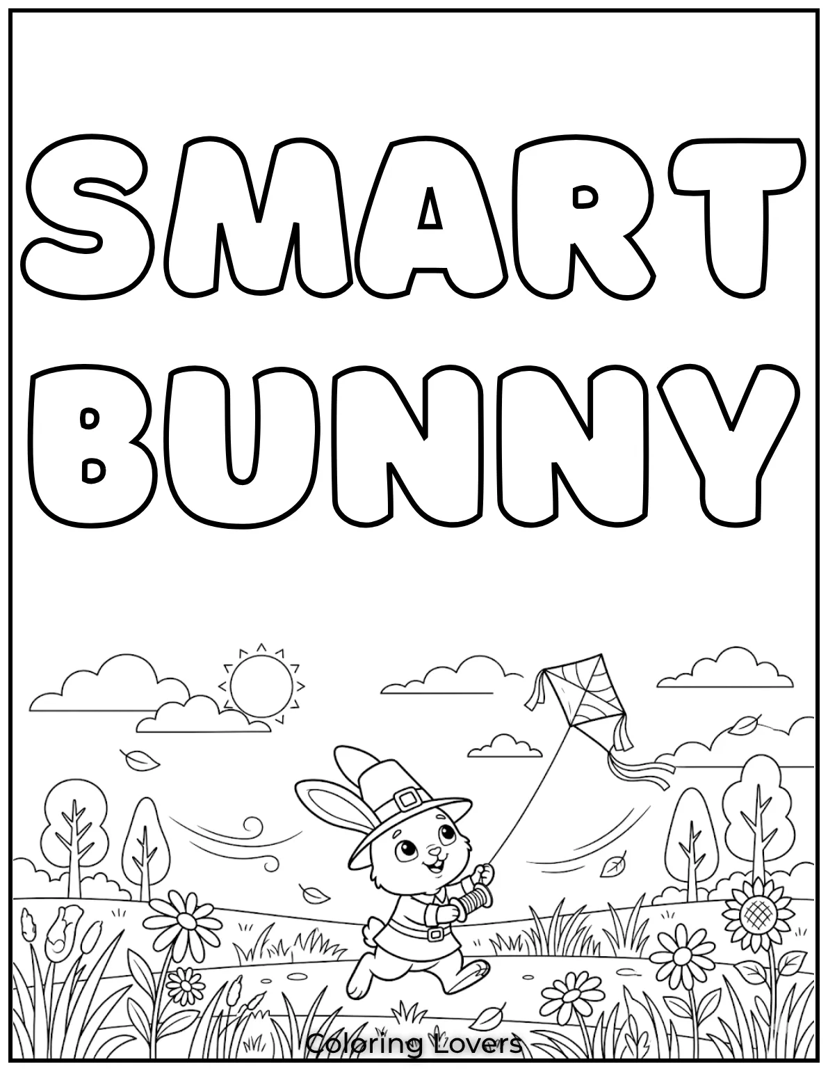 A breezy day with a rabbit flying a kite, so much fun to color.