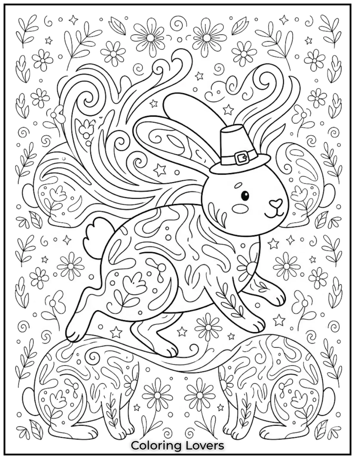 A bunny running through an abstract world of swirling lines and flowers.